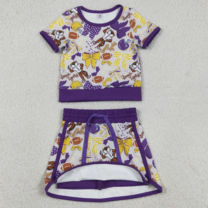 Sibling Baby Girls Short Sleeve Bows Footballs Top Skirt Shorts Team Clothes Sets