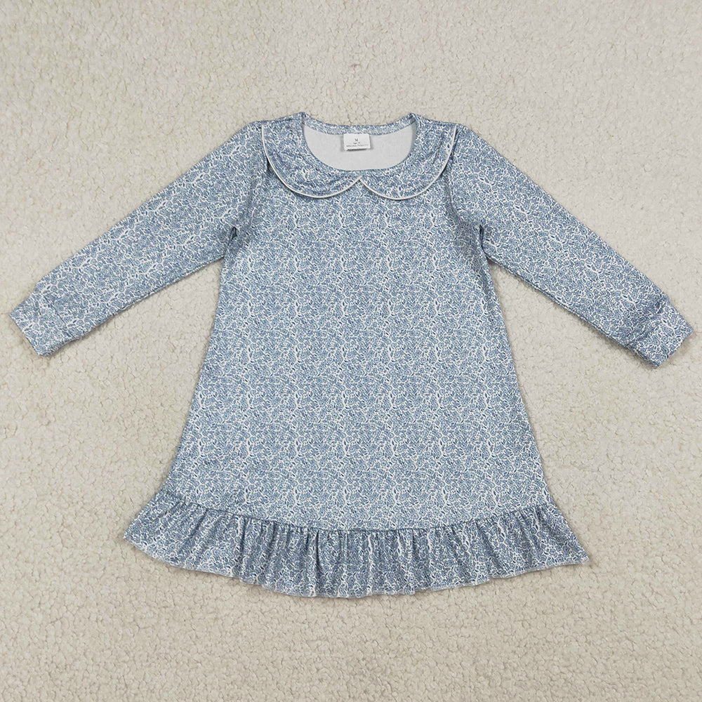 Baby Girls Dress Long Sleeve Blue Floral Collar Ruffle Knee Length Dresses GLD1424