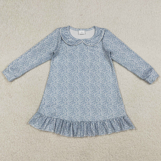 Baby Girls Dress Long Sleeve Blue Floral Collar Ruffle Knee Length Dresses GLD1424