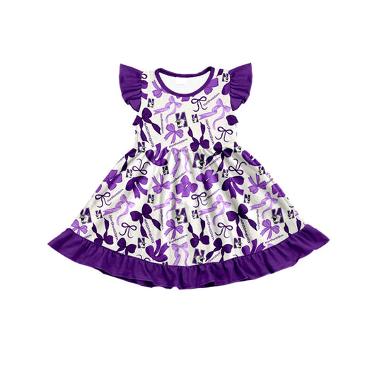 Preorder (moq 5) flutter sleeves N purple bows girls team dress 8.22
