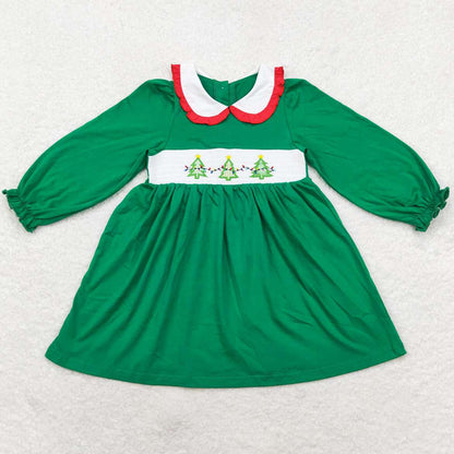 Baby Girls Dress Christmas Tree Green Knee Length Smocked Dresses GLD0559