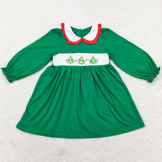 Baby Girls Dress Christmas Tree Green Knee Length Smocked Dresses GLD0559