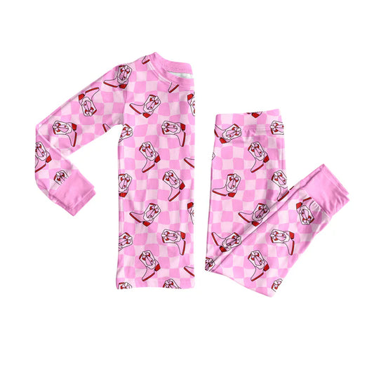 Preorder(moq 5) Baby Girls Western Pink Checkered Boots Top Pants Lounge Wear Pajamas Sets 8.8