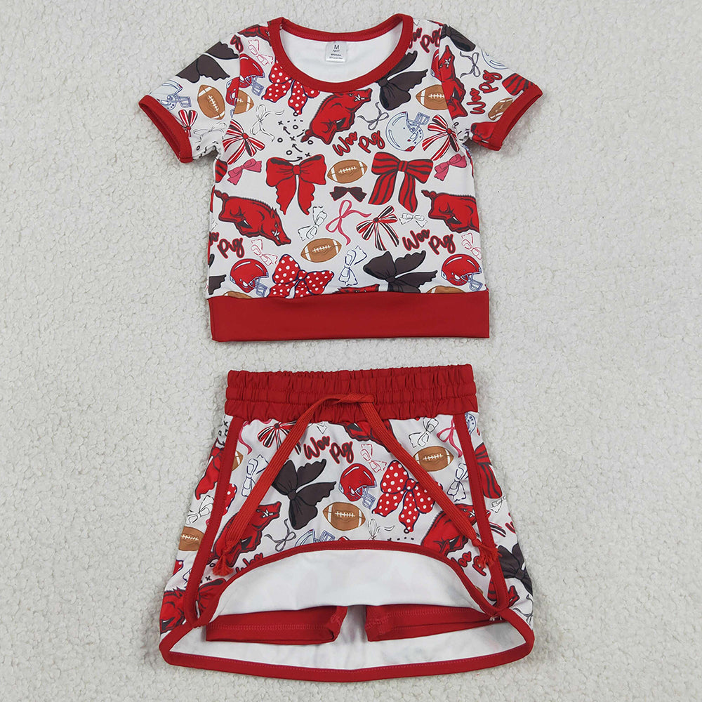 Sibling Baby Girls Short Sleeve Bows Footballs Top Skirt Shorts Team Clothes Sets