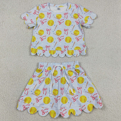 Sibling Baby Girls Bows Baseballs Softballs Top Skirt Short Team Yoga Active Scallop Clothes Sets