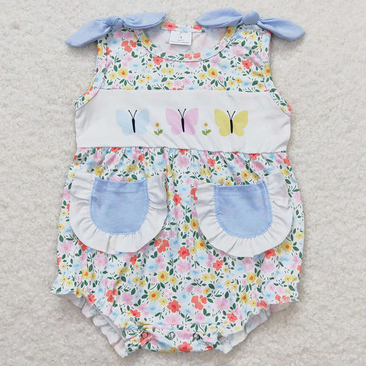 Baby Infant Girls Romper Butterfly Straps Pockets Floral Rompers SR1192