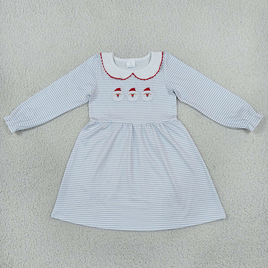 Baby Girls Dress Embroidery Santa Blue Stripe Collar Christmas Knee Length Dress GLD1673