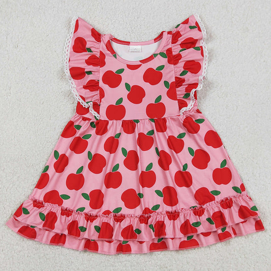 Baby Girls Dress Flutter Sleeve Apples Back to School Ruffle Knee Length Dresses GSD3510