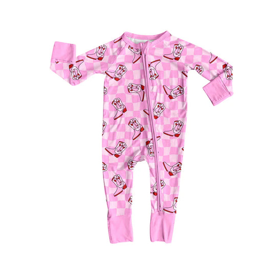 Preorder(moq 5)Baby Infant Western Pink Checkered Boots Zipper Footie Rompers 8.8