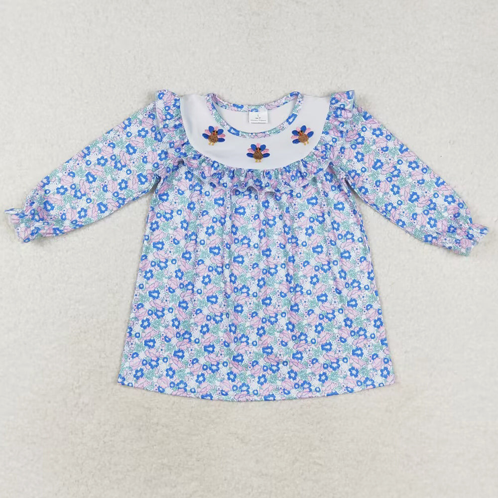 Baby Girls Dress Blue Floral Thanksgiving Turkey Knee Length Dresses GLD0600