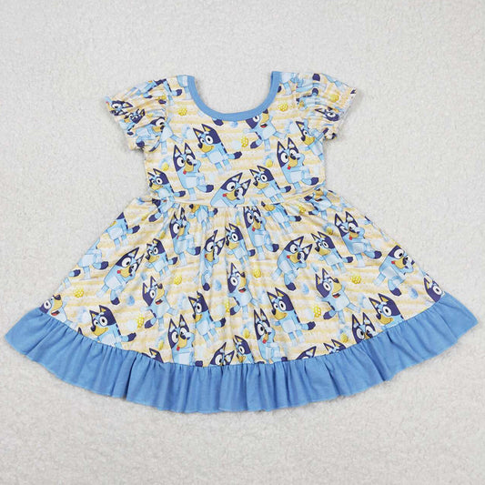 Baby Girls Dress Short Sleeve Blue Ruffle Knee Length Dogs Dresses GSD0686