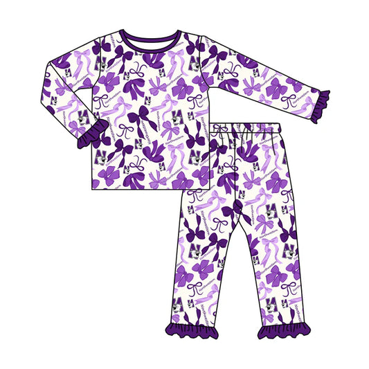Preorder MOQ 5 Long sleeves N purple bow kids girls team pajamas 8.25