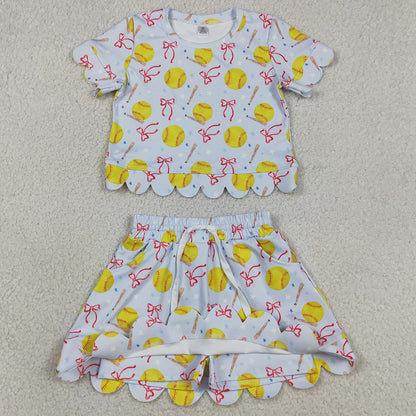 Sibling Baby Girls Bows Baseballs Softballs Top Skirt Short Team Yoga Active Scallop Clothes Sets