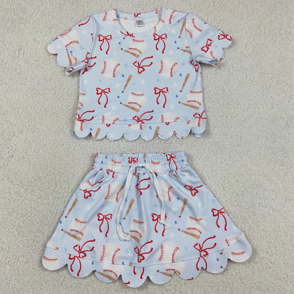 Baby Girls Dress Bows Baseballs Top Skirt Short Team Yoga Active Clothes Sets GSD3656