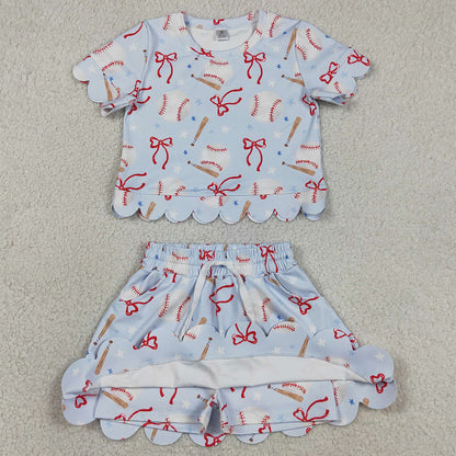 Baby Girls Dress Bows Baseballs Top Skirt Short Team Yoga Active Clothes Sets GSD3656