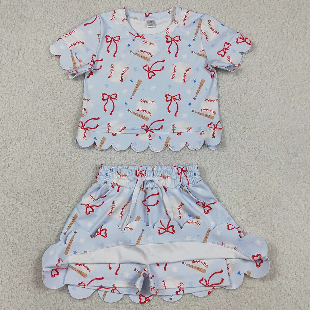Sibling Baby Girls Bows Baseballs Softballs Top Skirt Short Team Yoga Active Scallop Clothes Sets
