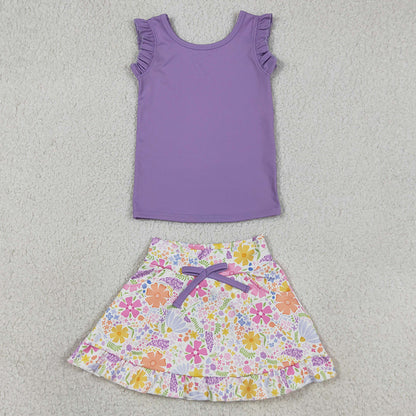 Baby Girls Clothes Purple Vest Colorful Floral Pockets Scallop Skirt Short Yoga Active Clothes Sets GSD3771