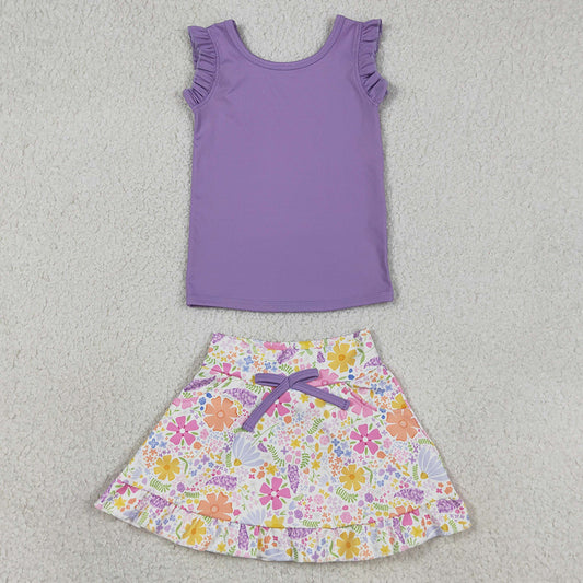 Baby Girls Clothes Purple Vest Colorful Floral Pockets Scallop Skirt Short Yoga Active Clothes Sets GSD3771