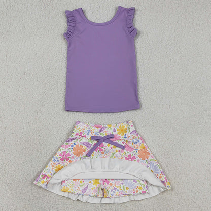 Baby Girls Clothes Purple Vest Colorful Floral Pockets Scallop Skirt Short Yoga Active Clothes Sets GSD3771