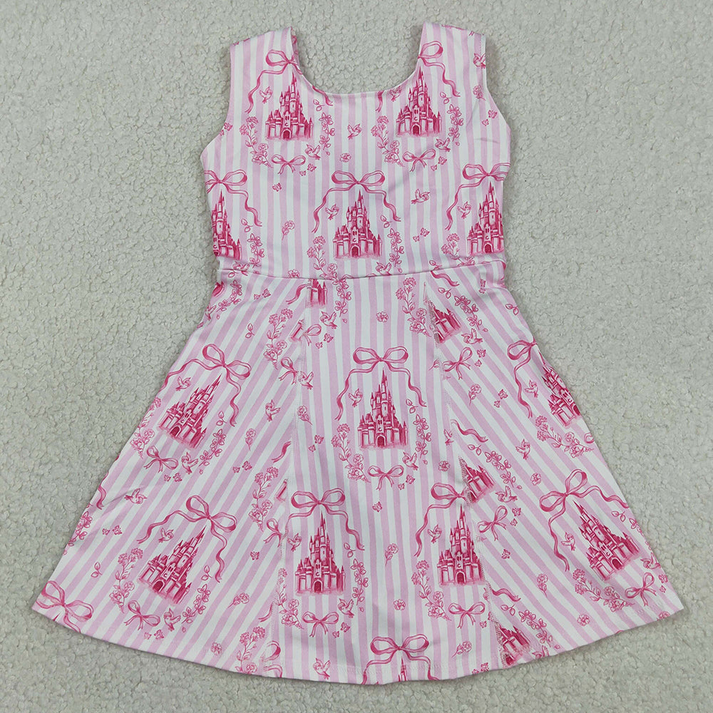 Baby Girls Dress Pink Stripe Bows Castles Yoga Active Short Knee Length Dresses GSD3815