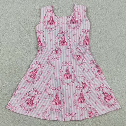 Baby Girls Dress Pink Stripe Bows Castles Yoga Active Short Knee Length Dresses GSD3815