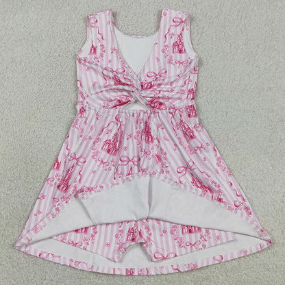 Baby Girls Dress Pink Stripe Bows Castles Yoga Active Short Knee Length Dresses GSD3815