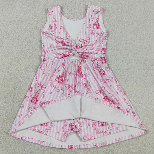 Baby Girls Dress Pink Stripe Bows Castles Yoga Active Short Knee Length Dresses GSD3815