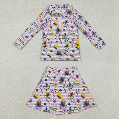 Baby Girls Mardi Gras Stripe Anchor Masks Zip Pullovers Skirt Shorts Yoga Active Clothes Set GLD1415 11.21
