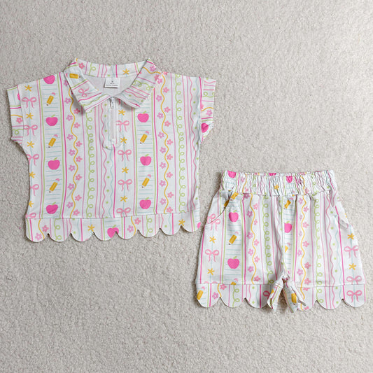 Baby Girls Clothes Pencils Flowers Zip Pullovers Top Short Back to School Scallop Clothes Sets GSSO3582
