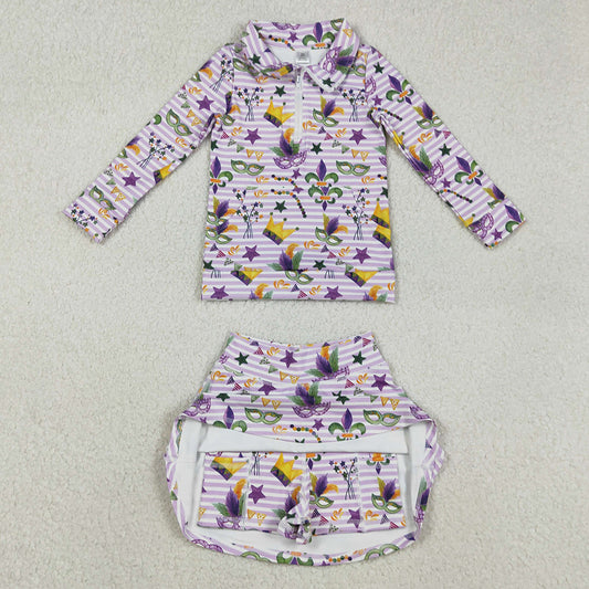 Baby Girls Mardi Gras Stripe Anchor Masks Zip Pullovers Skirt Shorts Yoga Active Clothes Set GLD1415 11.21