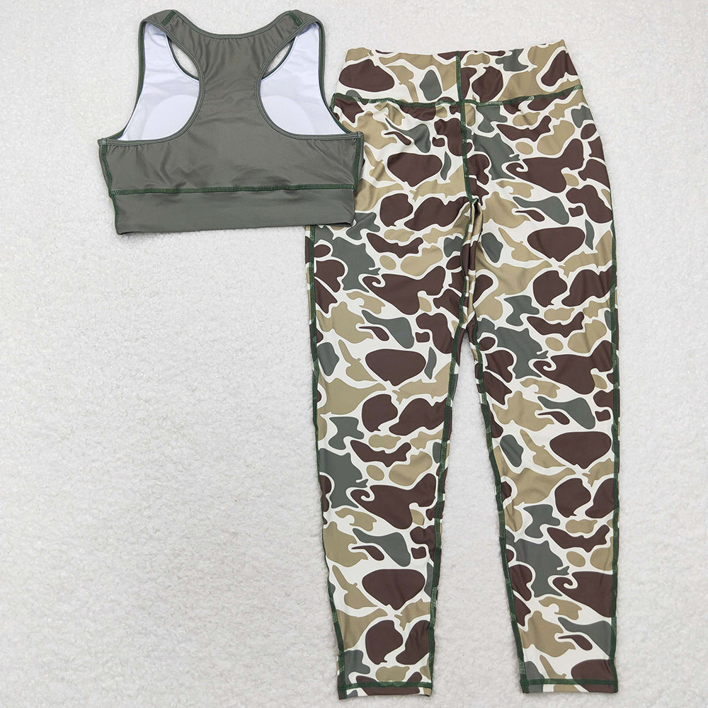 Adult Women Yoga Green Vest Top Camo Pants Yoga Sports Clothes Sets GSPO1665