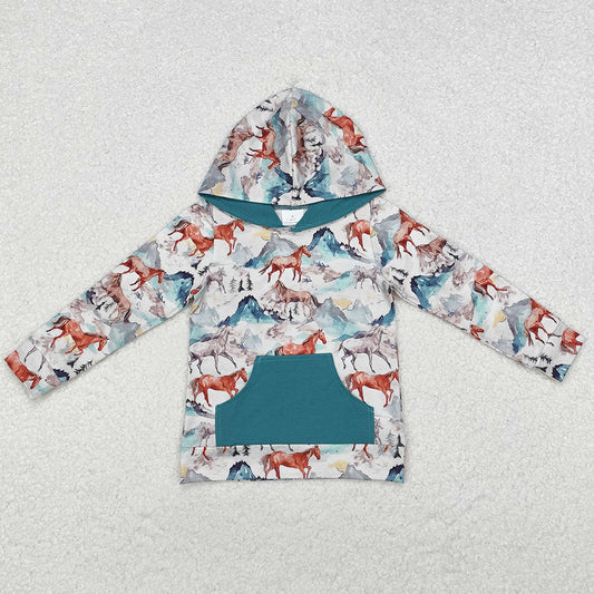 Baby Boys Clothes Hoodies Tops Western Horse Hooded Long Sleeve Tops BT0868