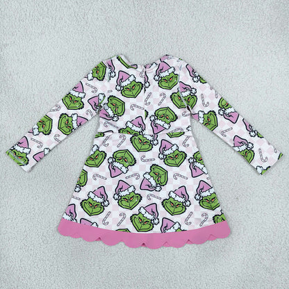 Baby Girls Dress Green Frogs Candy Cane Christmas Yoga Active Short Bows Scallop Dress GLD1651