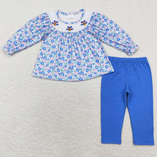 Baby Girls Clothes Blue Floral Thanksgiving Turkey Tunic Legging Pants Sets GLP1379