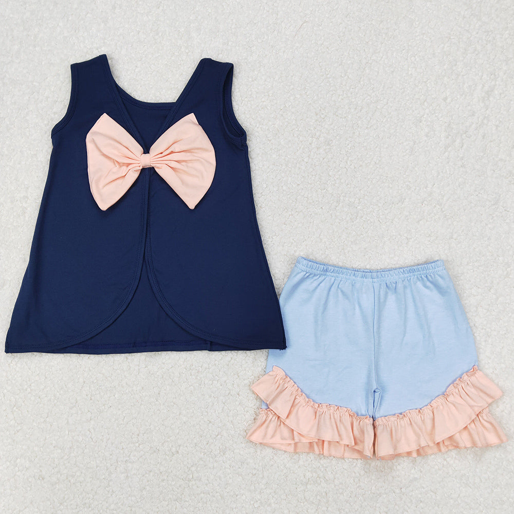 Baby Girls Clothes Navy Big Bow Back Tunic Tops Ruffle Shorts Sets GSSO2272