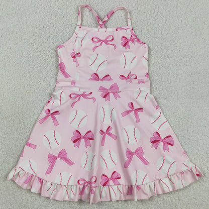 Baby Girls Clothes Strap Pink Bows Baseballs Activity Wear Yoga Knee Length Dresses GSD2567