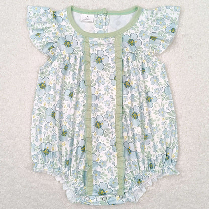 Baby Infant Girls Rompers Green Flowers Ruffle Rompers SR1180