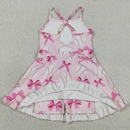 Baby Girls Clothes Strap Pink Bows Baseballs Activity Wear Yoga Knee Length Dresses GSD2567