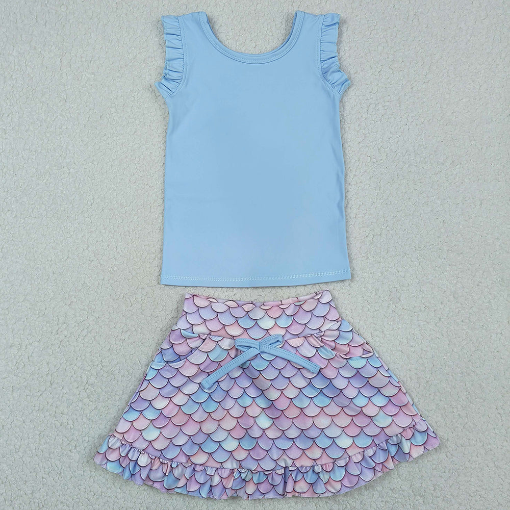 Baby Girls Clothes Blue Vest Mermaid Pockets Skirt Shorts Yoga Active Clothes Sets GSD3775