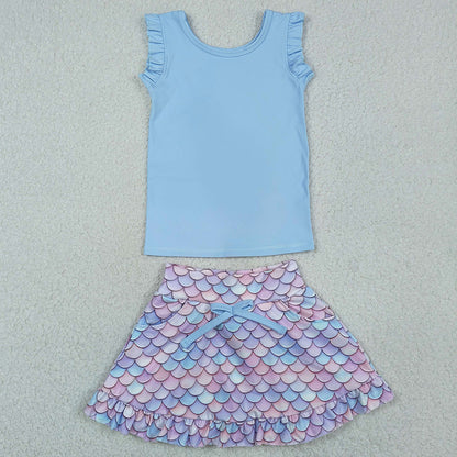 Baby Girls Clothes Blue Vest Mermaid Pockets Skirt Shorts Yoga Active Clothes Sets GSD3775