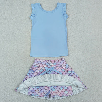 Baby Girls Clothes Blue Vest Mermaid Pockets Skirt Shorts Yoga Active Clothes Sets GSD3775