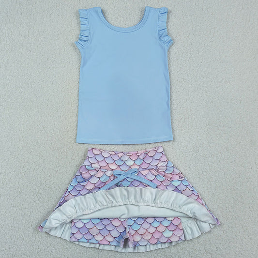 Baby Girls Clothes Blue Vest Mermaid Pockets Skirt Shorts Yoga Active Clothes Sets GSD3775