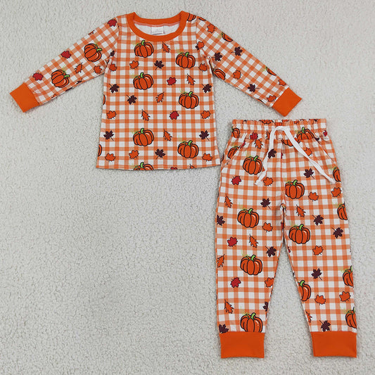 Baby Boys Pajamas Leaves Pumpkins Checked Top Pockets Joggers Fall Clothes Set BLP1540