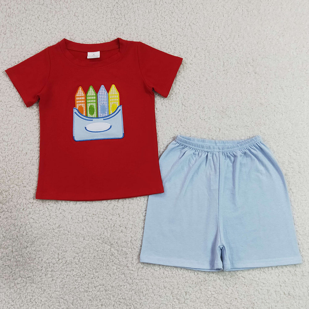 Baby Girls Clothes Embroidery Pencils Tunic Scallop Shorts Back to School Clothes Set GSSO3727