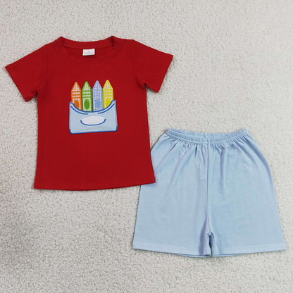 Baby Girls Clothes Embroidery Pencils Tunic Scallop Shorts Back to School Clothes Set GSSO3727