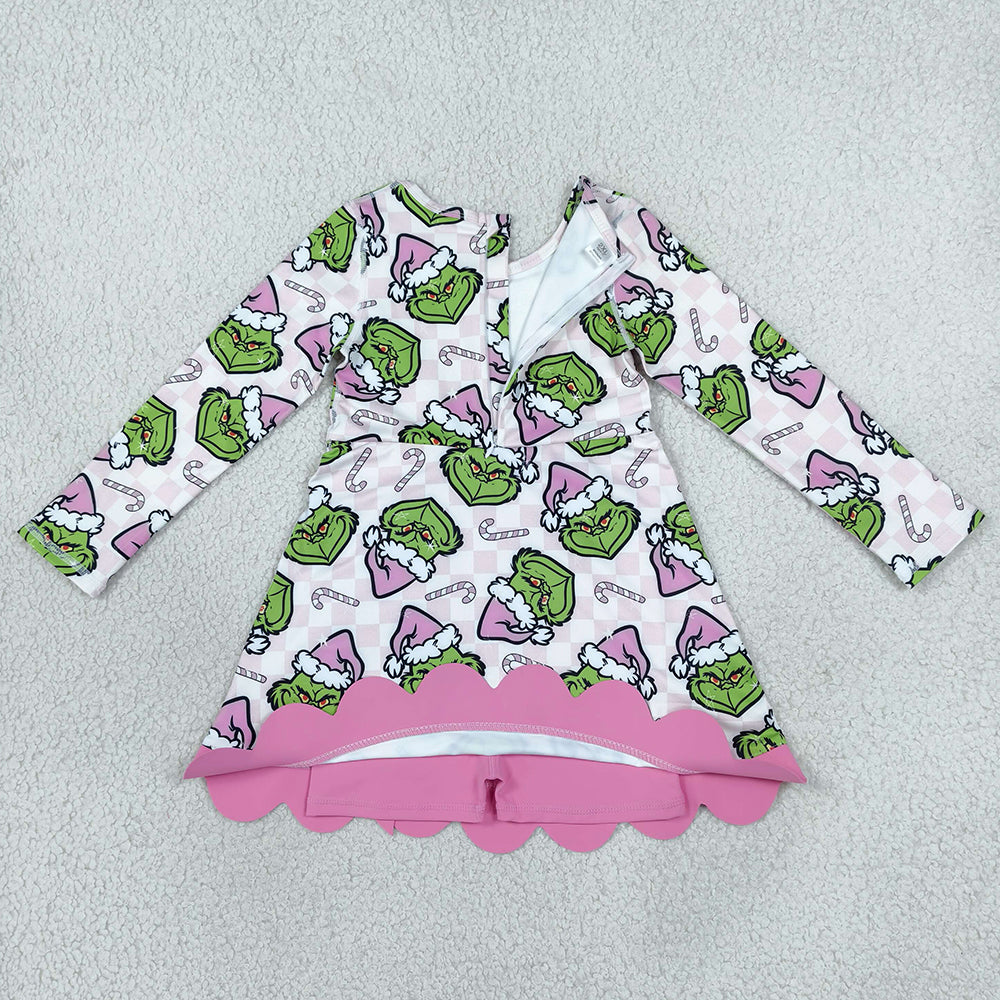 Baby Girls Dress Green Frogs Candy Cane Christmas Yoga Active Short Bows Scallop Dress GLD1651