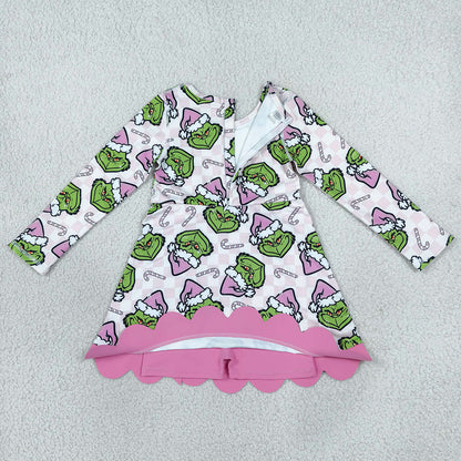 Baby Girls Dress Green Frogs Candy Cane Christmas Yoga Active Short Bows Scallop Dress GLD1651