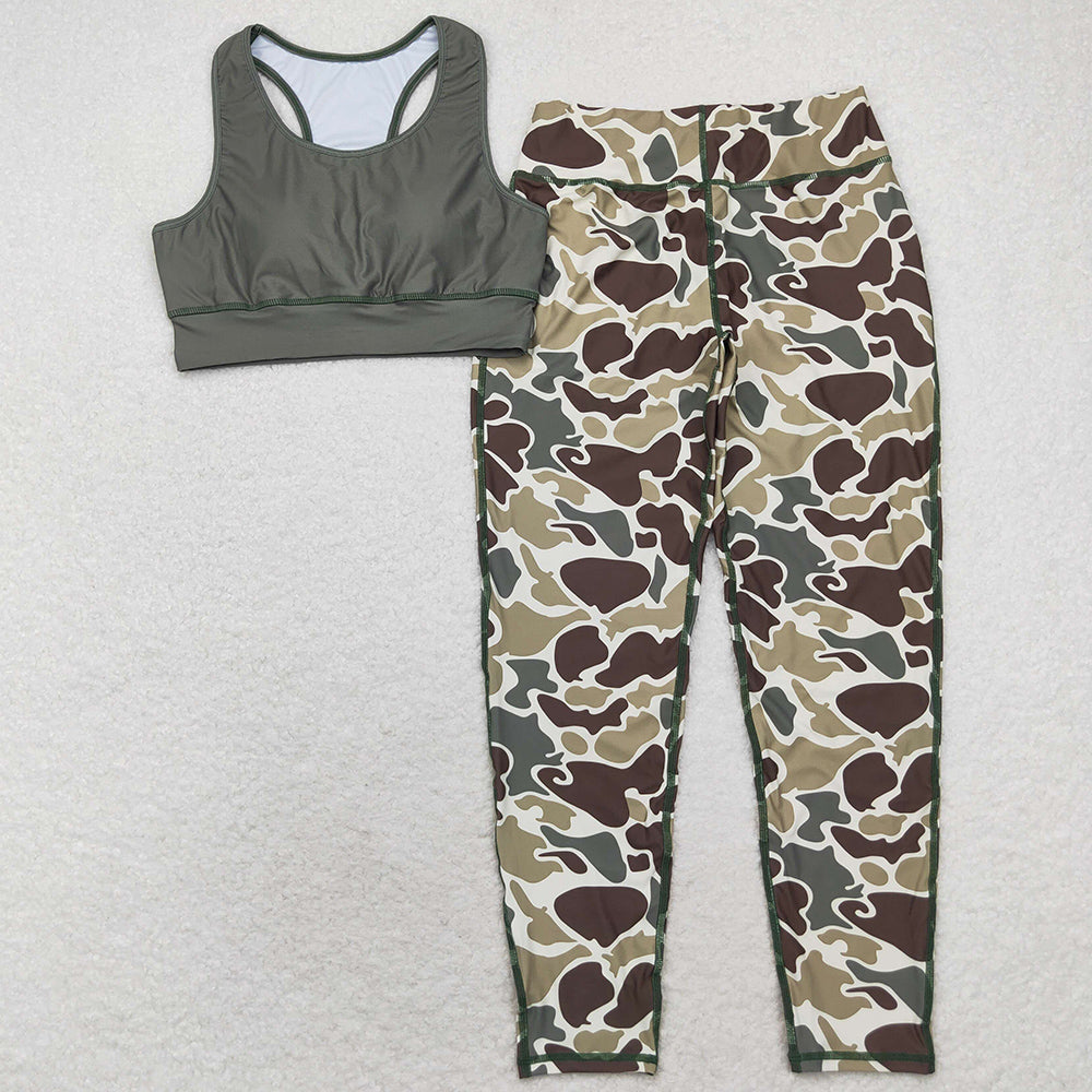 Adult Women Yoga Green Vest Top Camo Pants Yoga Sports Clothes Sets GSPO1665