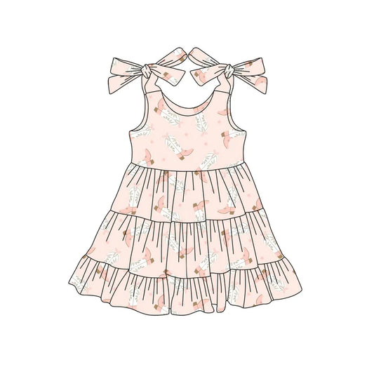 Preorder (moq 5)Baby Girls Pink Bows Strap Boots Stars Knee Length Dress 4.25