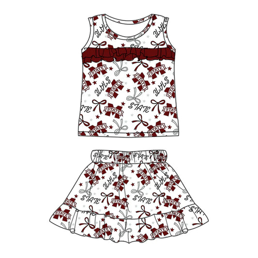 Preorder (moq 5)Baby Girls Sleeveless Brown M State Bows Stars Top Ruffle Skort Team Set 6.16